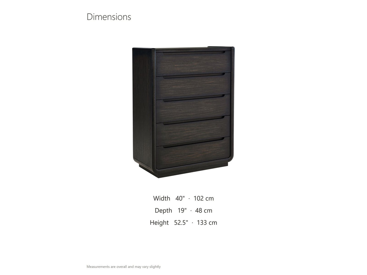 Valdobbiadene 40-Inch Burnished Black 5-Drawer Chest dimensions: 40.0 in wide, 19.0 in deep, 52.5 in high