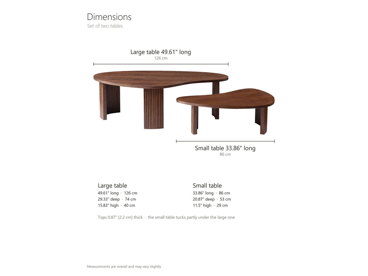 Valenza 50-Inch Freeform Walnut-Stained Veneer Nesting Coffee Tables, Set of 2 dimensions: large table 49.61 in long, 29.33 in deep and 15.83 in high; small table 33.86 in long, 20.87 in deep and 11.5 in high; tops 0.87 in thick