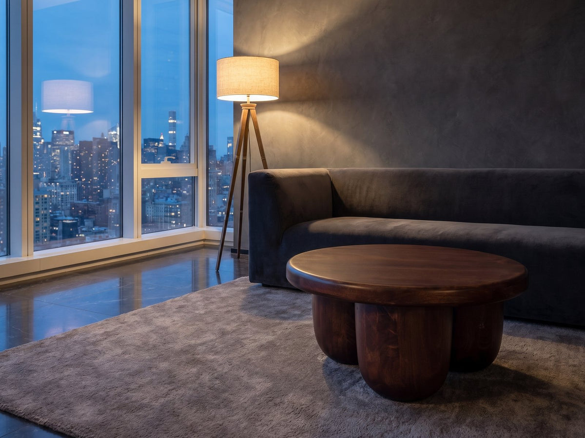 Bolgheri Sculpted Mango Coffee Table on a wool rug in front of a velvet sofa in a city penthouse at blue hour