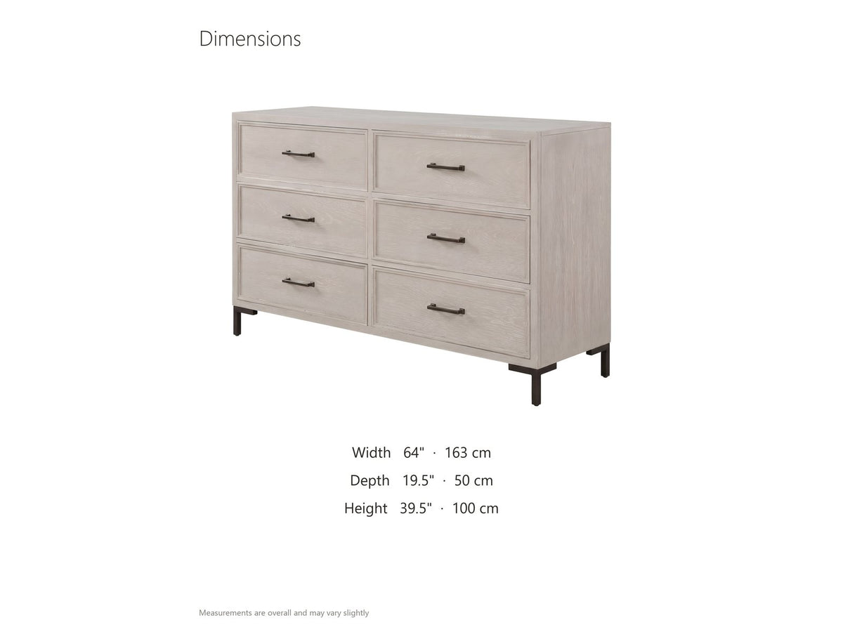 Venzone 64-Inch Cerused Oak 6-Drawer Dresser dimensions: 64.0 in wide, 19.5 in deep, 39.5 in high