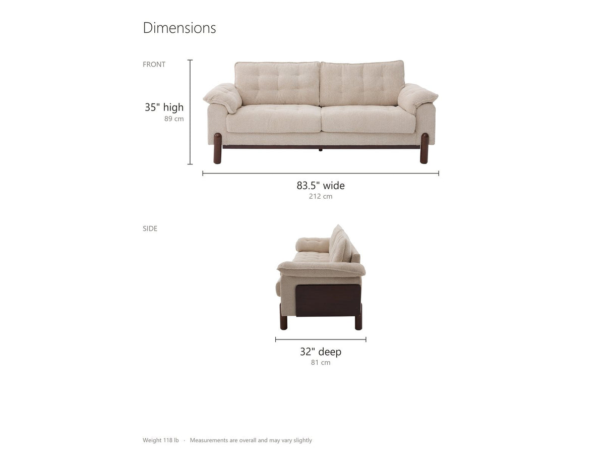 Verona Tufted Boucle Sofa dimensions: 83.5 in wide, 32 in deep, 35 in high