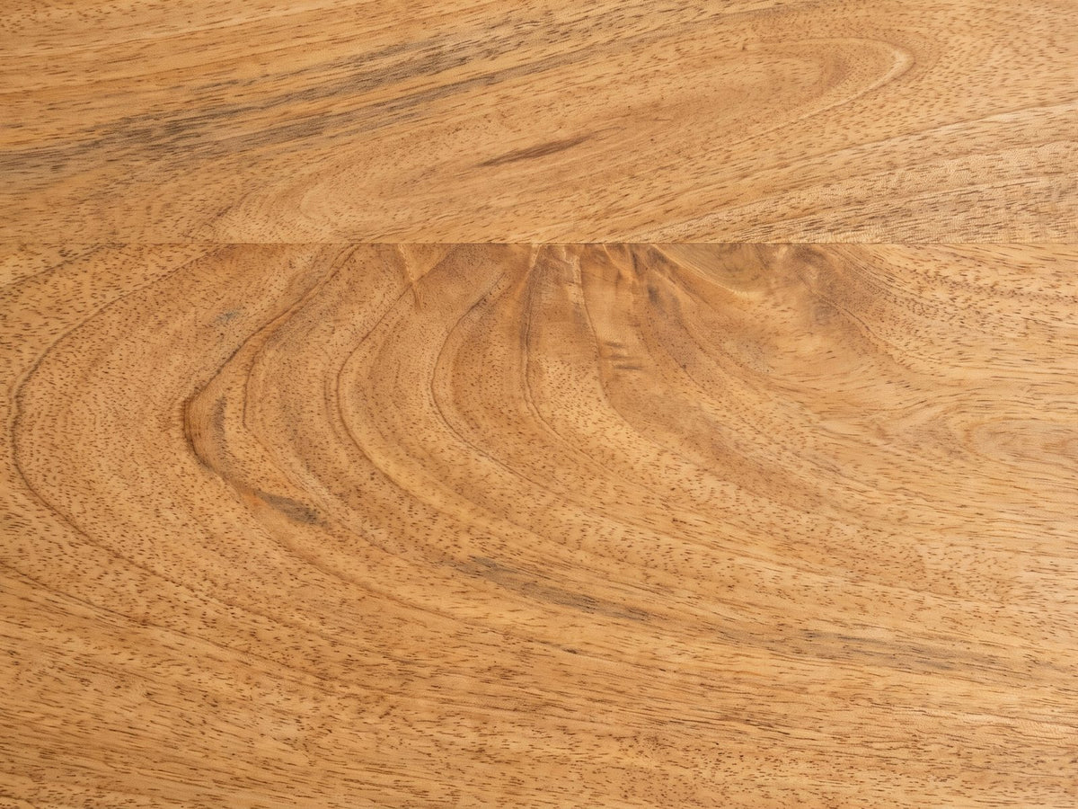 Close-up of the Viggiano Mango and Black Metal Drum Side Table: the natural mango grain of the top