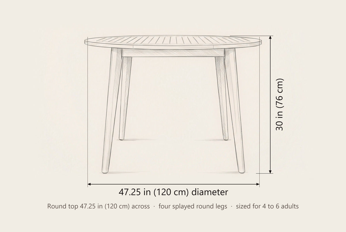 Vittoria round dining table dimensions: 47.25 in diameter, 30 in high