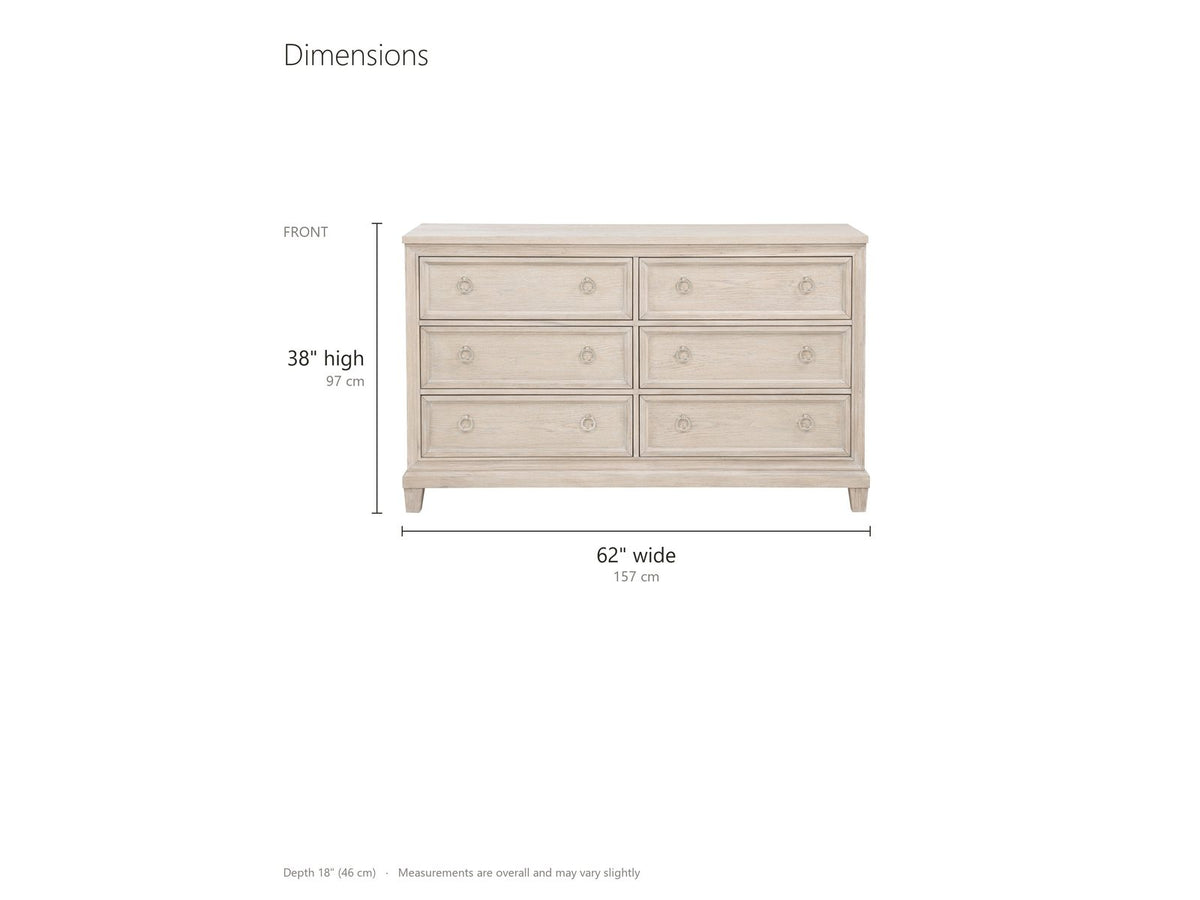 Vittorio 62-Inch Washed Oak 6-Drawer Dresser dimensions: 62.0 in wide, 18.0 in deep, 38.0 in high