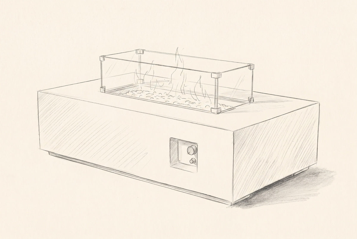 Pencil sketch of the Vulcano fire pit table, three-quarter view from the front