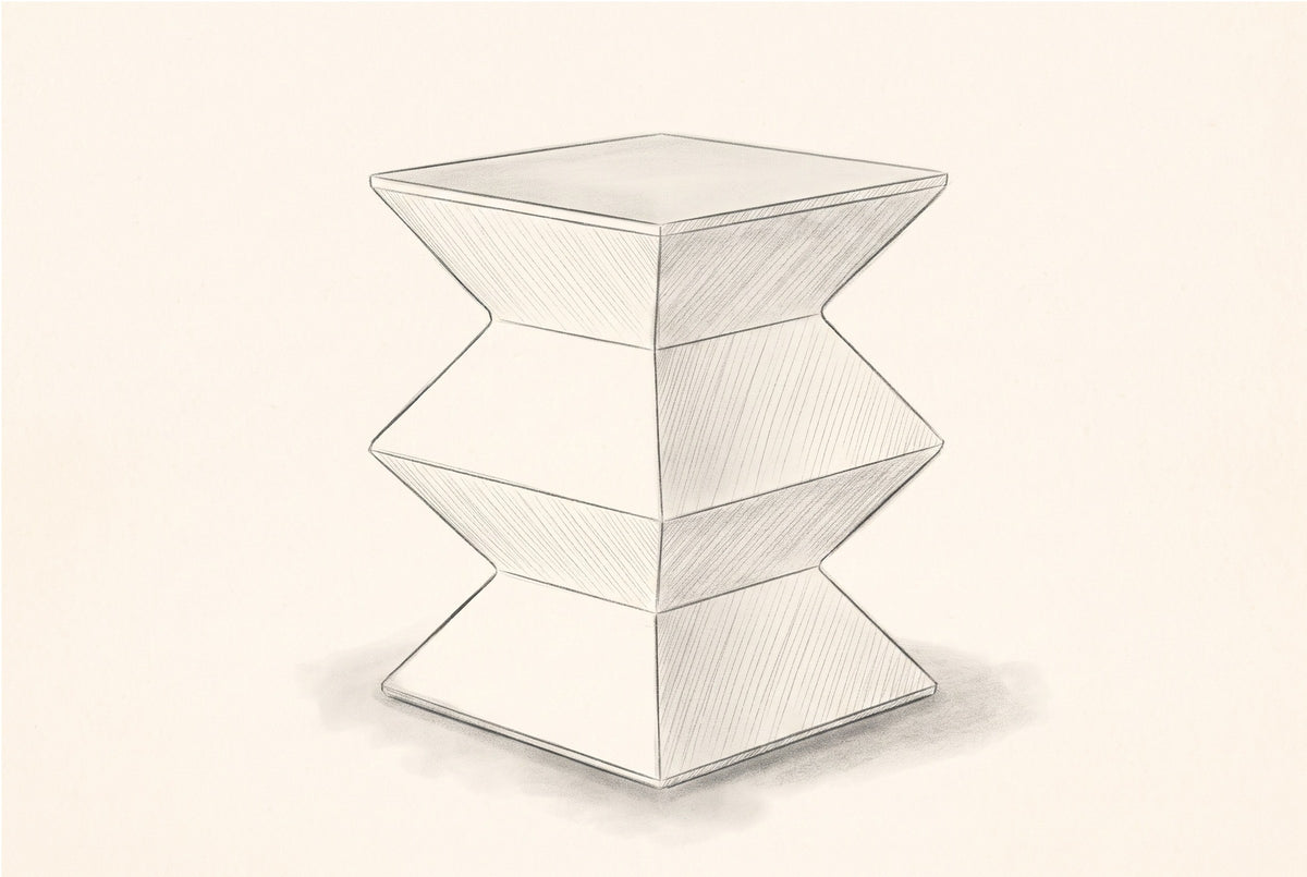 Pencil sketch of the Zafferana side table, drawn from the same corner view