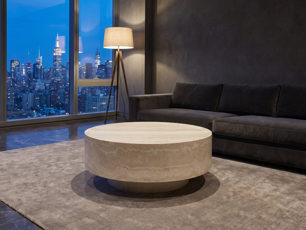 Zagarolo Faux Travertine Round Drum Coffee Table on a wool rug in front of a velvet sofa in a city penthouse at blue hour