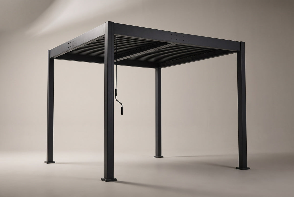 The Zingaro louvered pergola in matte black, three-quarter view on a light studio backdrop