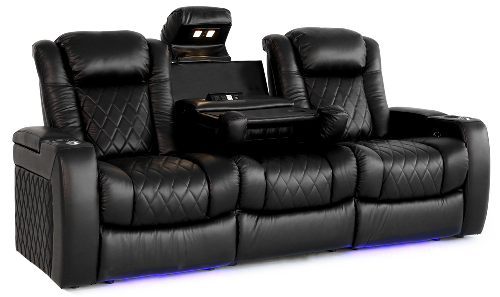 Valencia Tuscany XL Console Leather Home Theater Seating Row of 3 Dropdown Center, Midnight Black