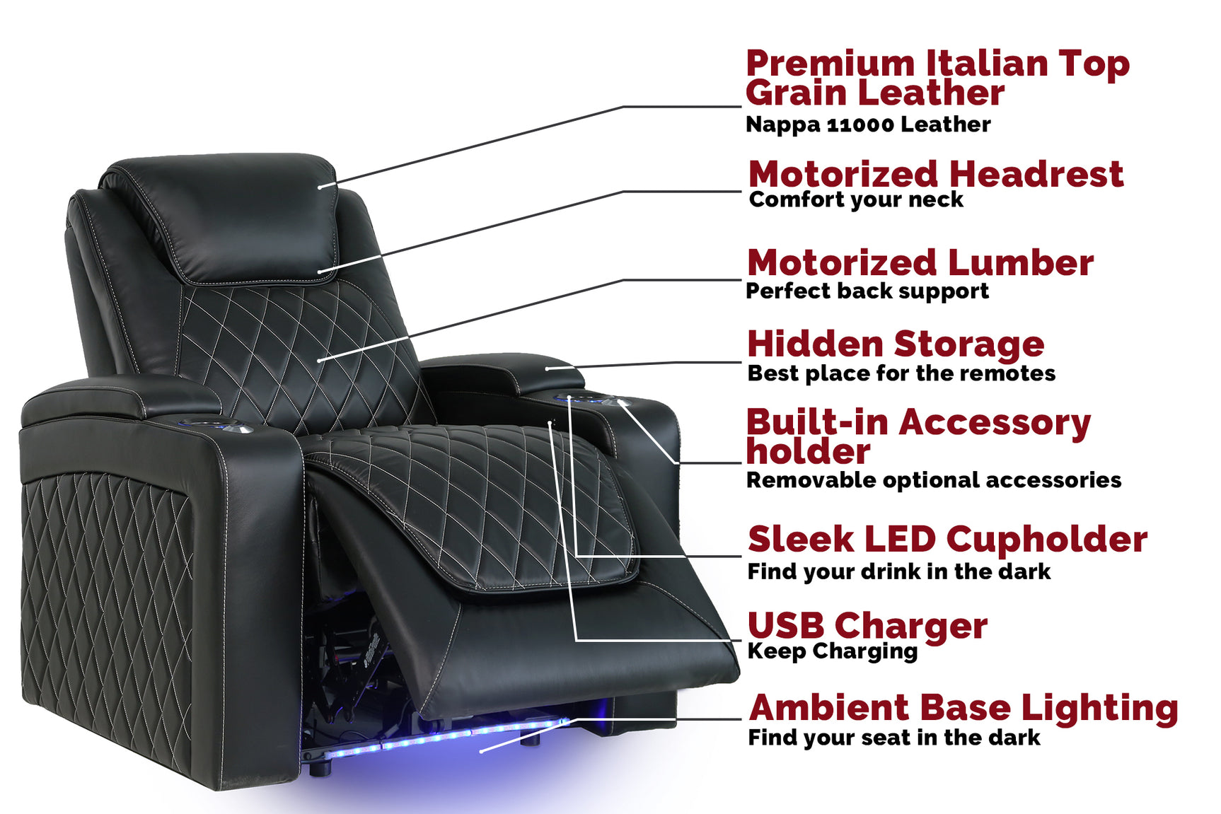 Valencia Oslo Home Theater Seating Single Recliner, Black with Risers