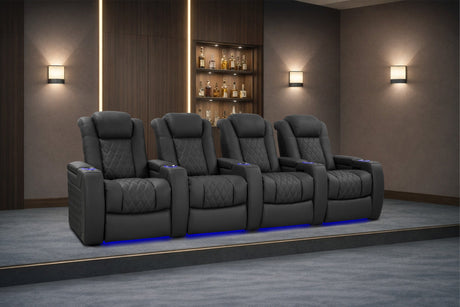 Reclining movie theater room built at home with Valencia recliner seating