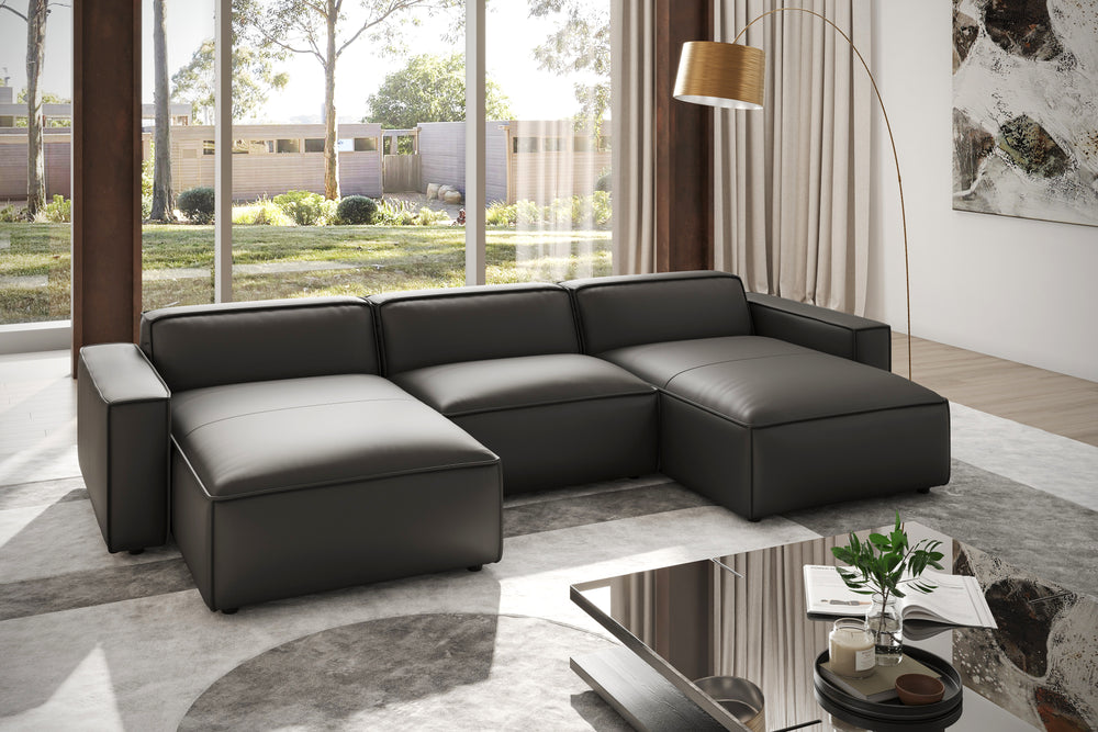 Valencia Nathan Full Aniline Leather Modular Sofa with Down Feather, Row of 3 with 2 Chaises, Black Color