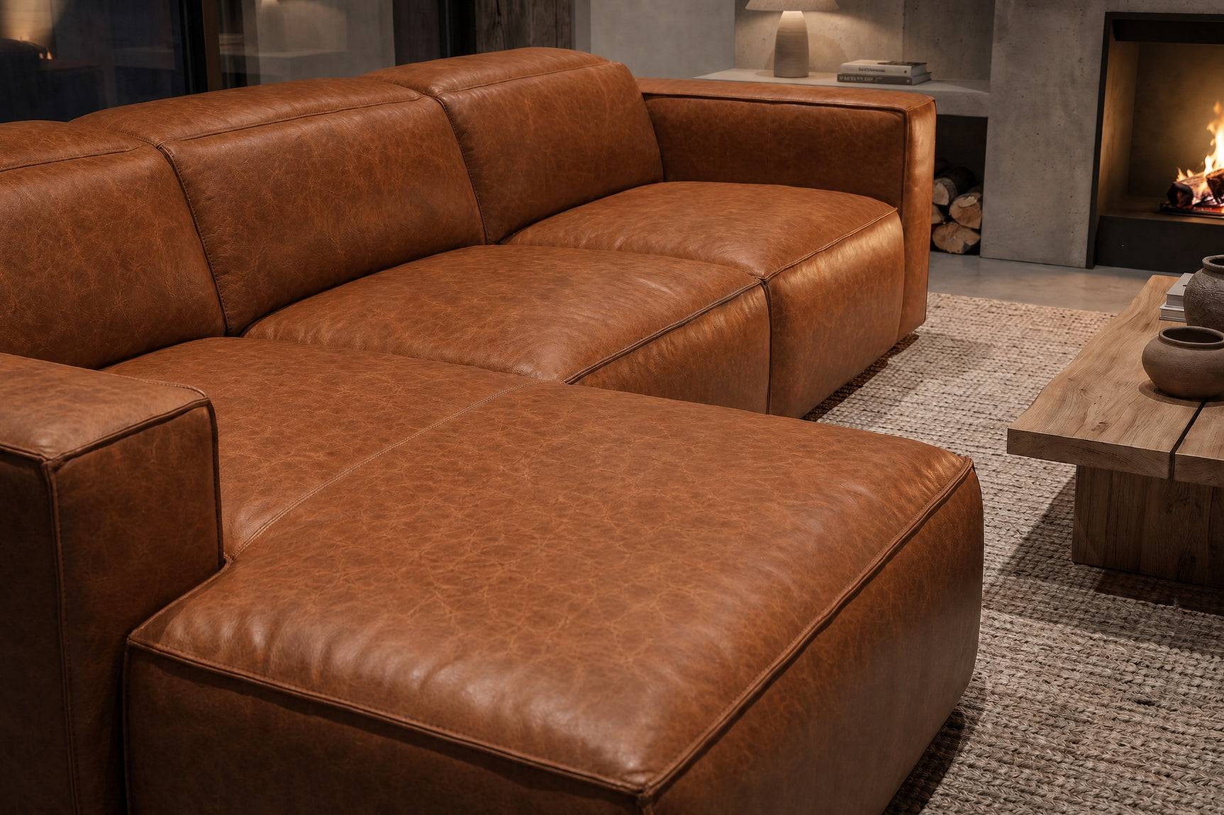 Emery Distressed Italian Aniline Leather Recliner Sectional Sofa