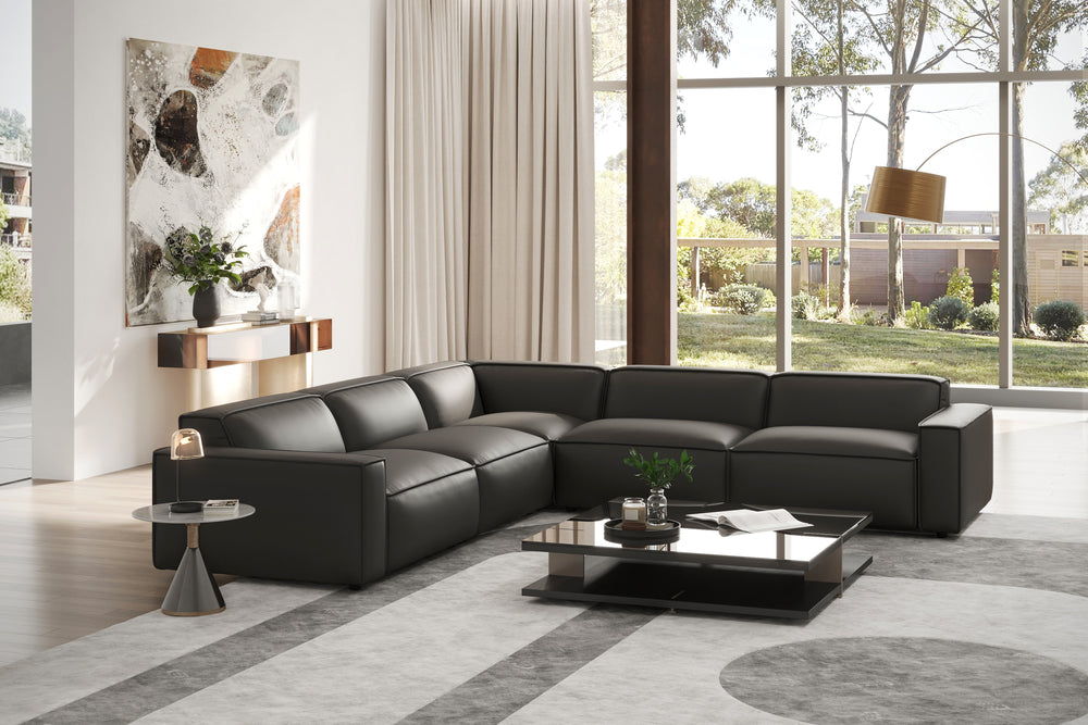 Valencia Nathan Full Aniline Leather Modular Sofa with Down Feather, L-Shape, Black Color