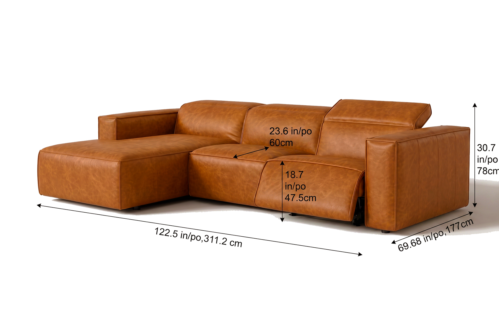 Emery Distressed Italian Aniline Leather Recliner Sectional Sofa