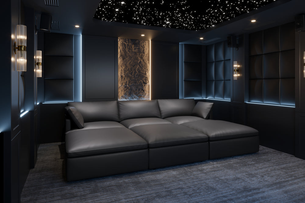 Valencia Isola Cloud Top Grain Leather Theater Lounge Modular Sofa Left Modular, Black Color