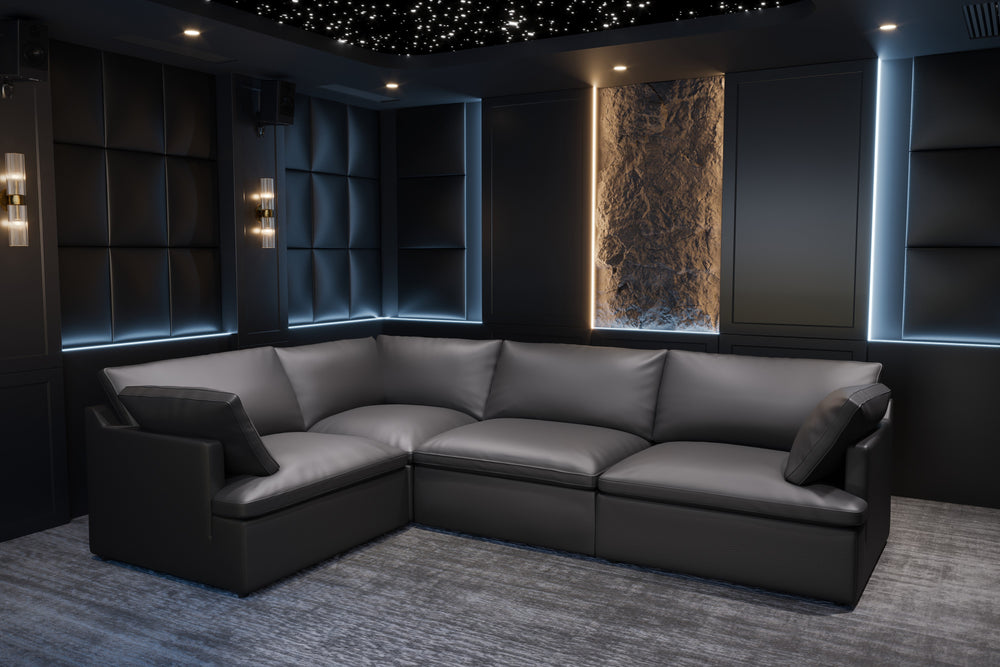 Valencia Isola Cloud Top Grain Leather Theater Lounge Modular Sofa Right Modular, Black Color