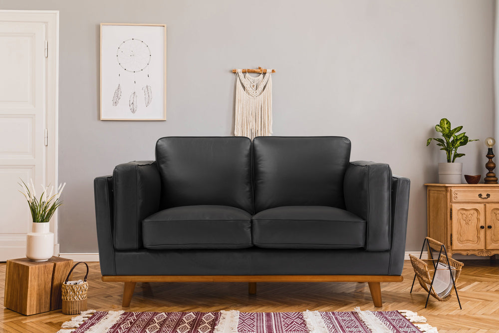Valencia Artisan Loveseat Leather Sofa, Black Color