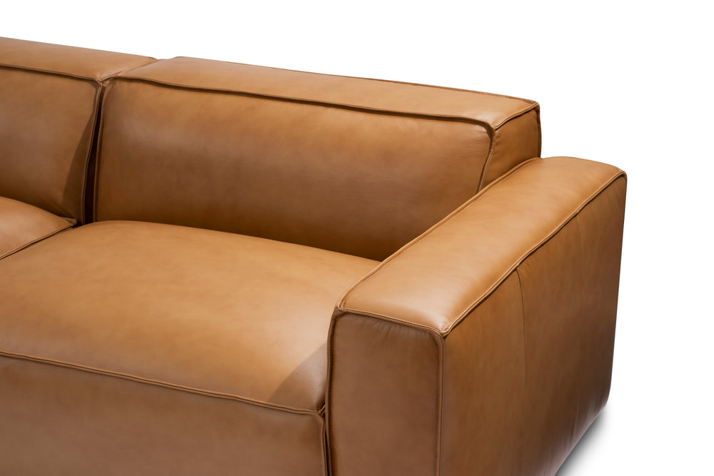 Valencia Nathan Full Aniline Leather Modular Sofa with Down Feather, Row of 3 with 2 Chaises, Caramel Brown Color