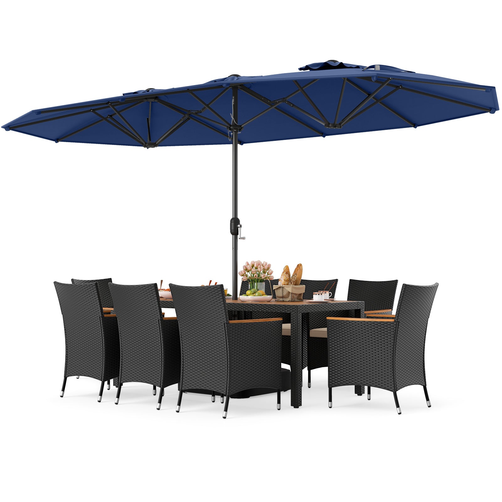 10 Piece Outdoor Dining Set with 15 Feet Double-Sided Twin Umbrella
