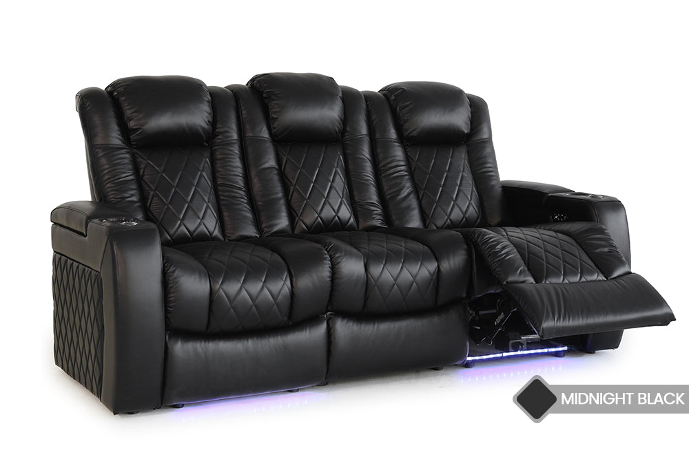 Valencia Tuscany Console Leather Home Theater Seating Row of 3 Dropdown Center Midnight Black