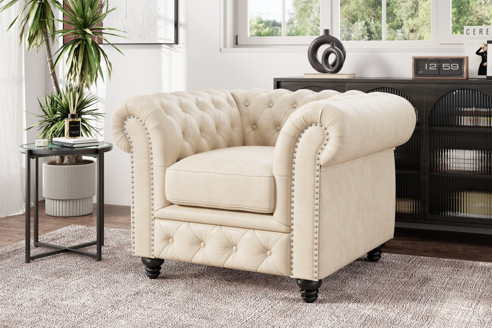 Valencia Parma Full Aniline Leather Chesterfield Single Sofa Accent Chair, Antique White Color