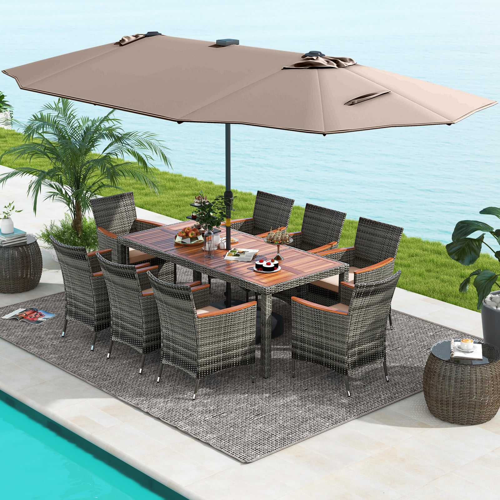 11 Pieces Patio Dining Set with 15 Feet Double-Sided Patio Umbrella Base Included