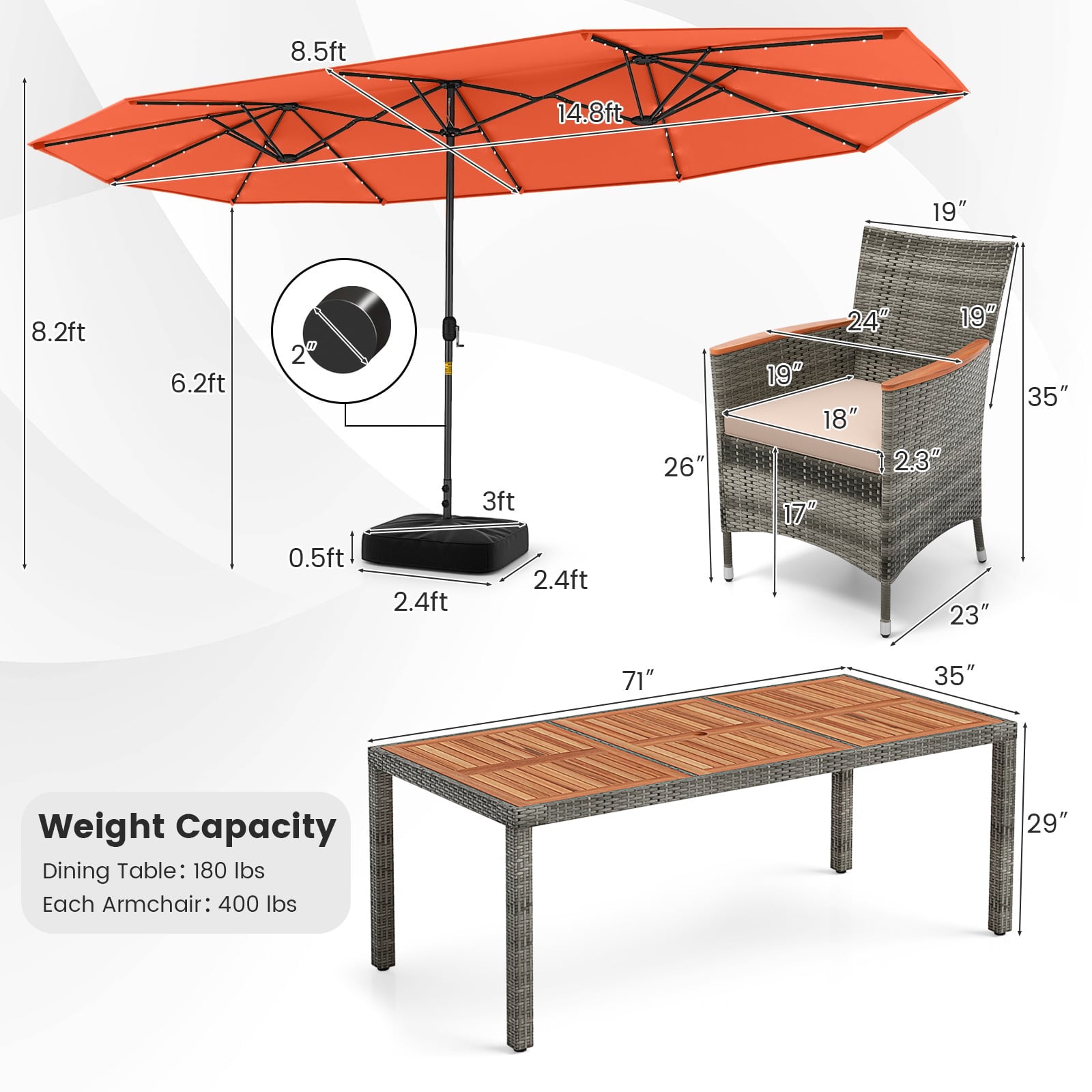 11 Pieces Patio Dining Set with 15 Feet Double-Sided Patio Umbrella Base Included