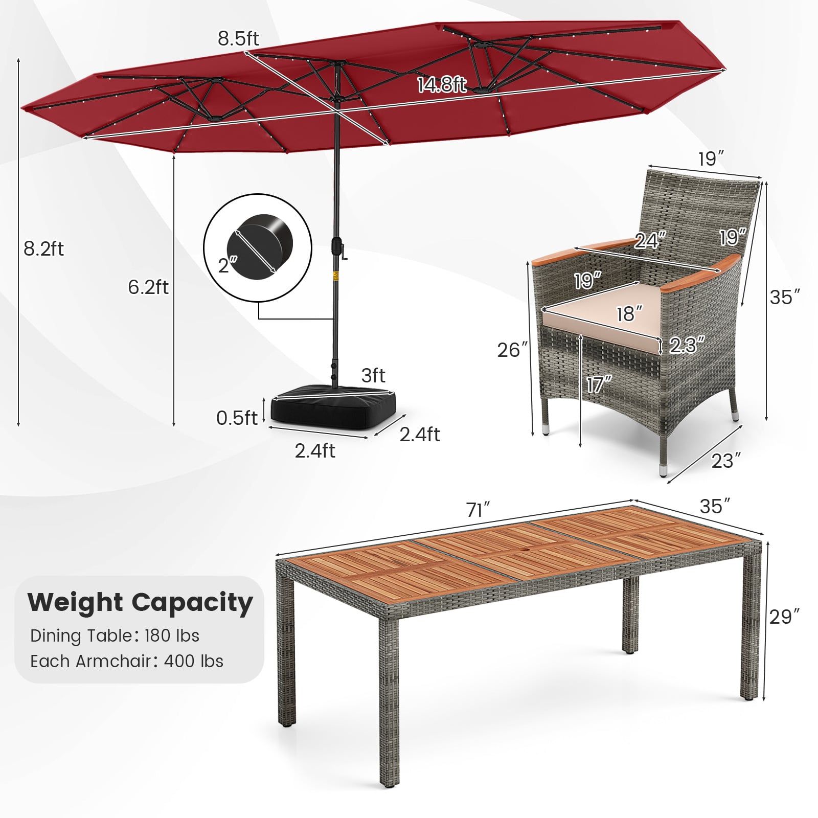 11 Pieces Patio Dining Set with 15 Feet Double-Sided Patio Umbrella Base Included