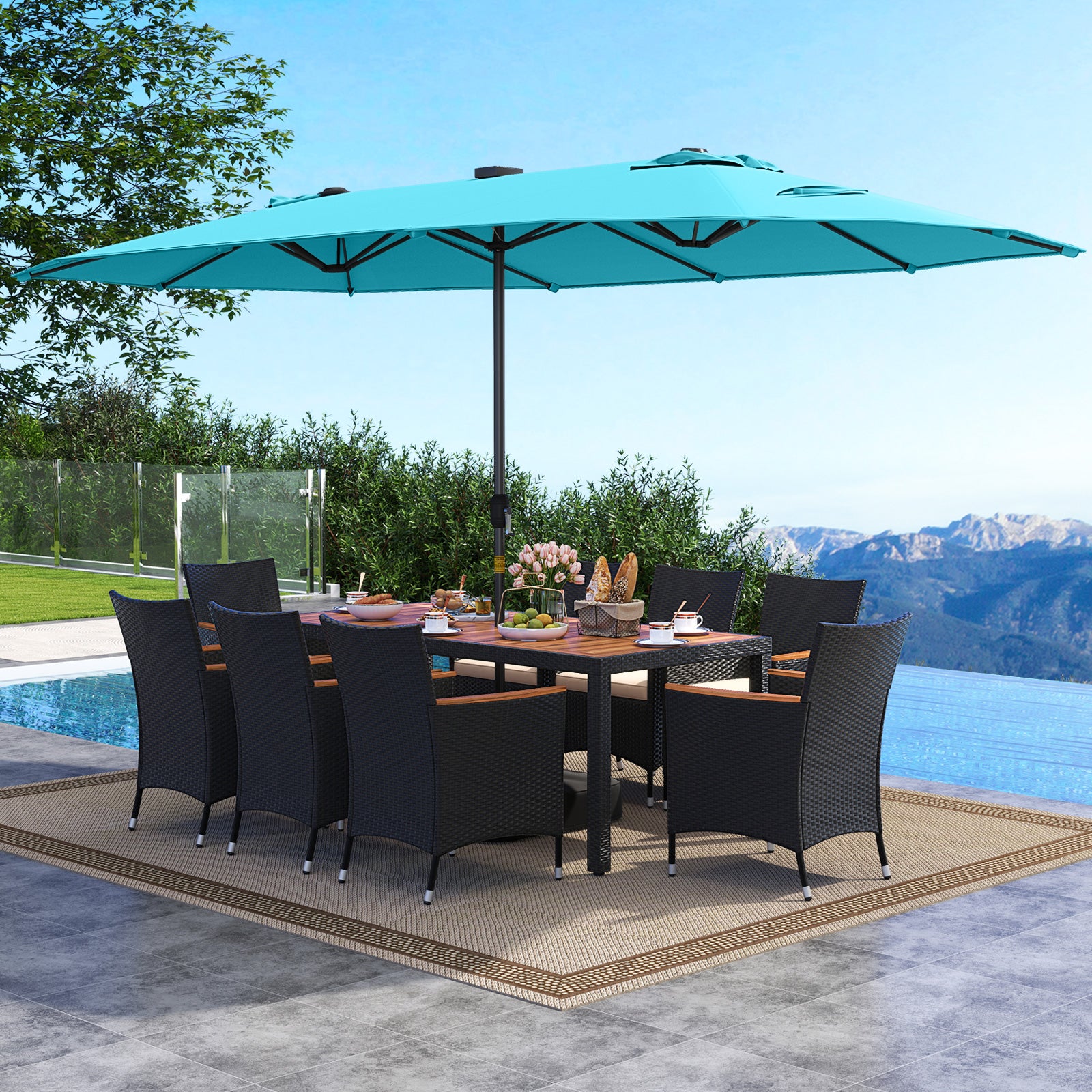 11 Pieces Patio Dining Set with LED Patio Umbrella with Base and Seat Cushions