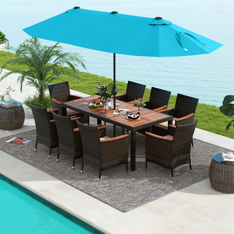 11 Pieces Patio Dining Set 15ft Double-Sided Patio Umbrella (Base Included) and Outdoor Rattan Furniture Set with 8 Stackable Chairs