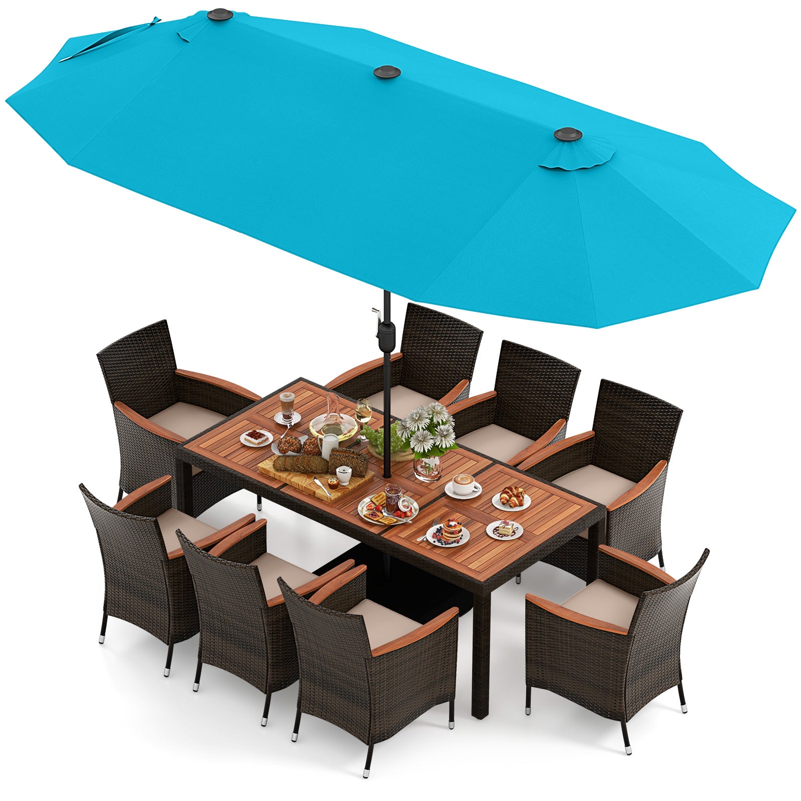 11 Pieces Patio Dining Set 15ft Double-Sided Patio Umbrella (Base Included) and Outdoor Rattan Furniture Set with 8 Stackable Chairs
