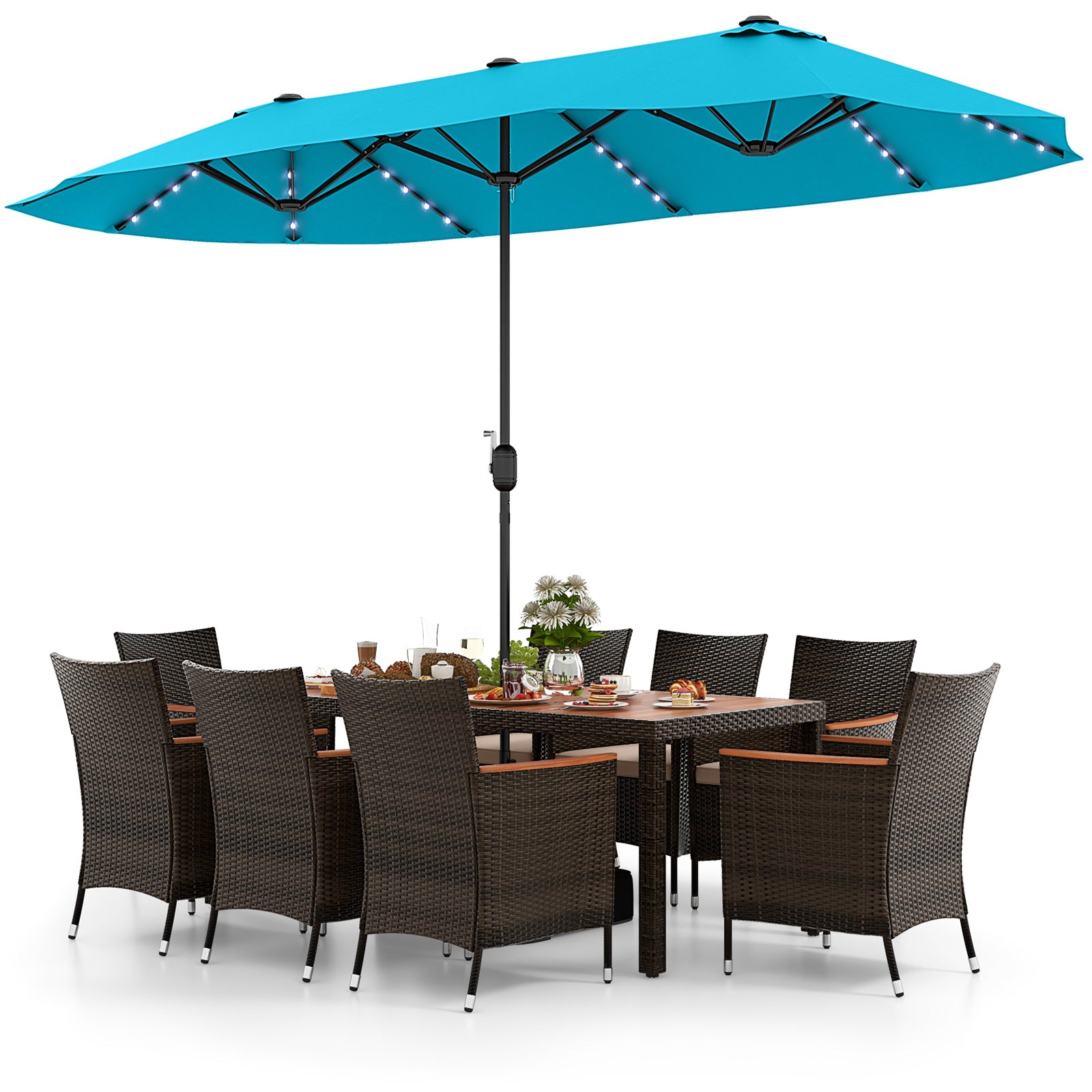 11 Pieces Patio Dining Set 15ft Double-Sided Patio Umbrella (Base Included) and Outdoor Rattan Furniture Set with 8 Stackable Chairs