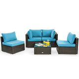 5 Pieces Cushioned Patio Rattan Furniture Set with Glass Table