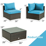 5 Pieces Cushioned Patio Rattan Furniture Set with Glass Table