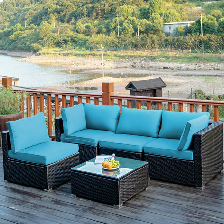 5 Pieces Cushioned Patio Rattan Furniture Set with Glass Table