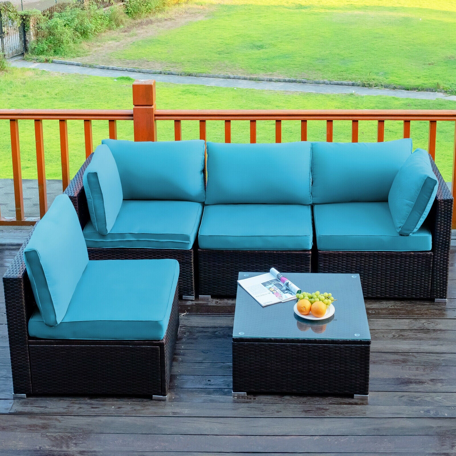 5 Pieces Cushioned Patio Rattan Furniture Set with Glass Table
