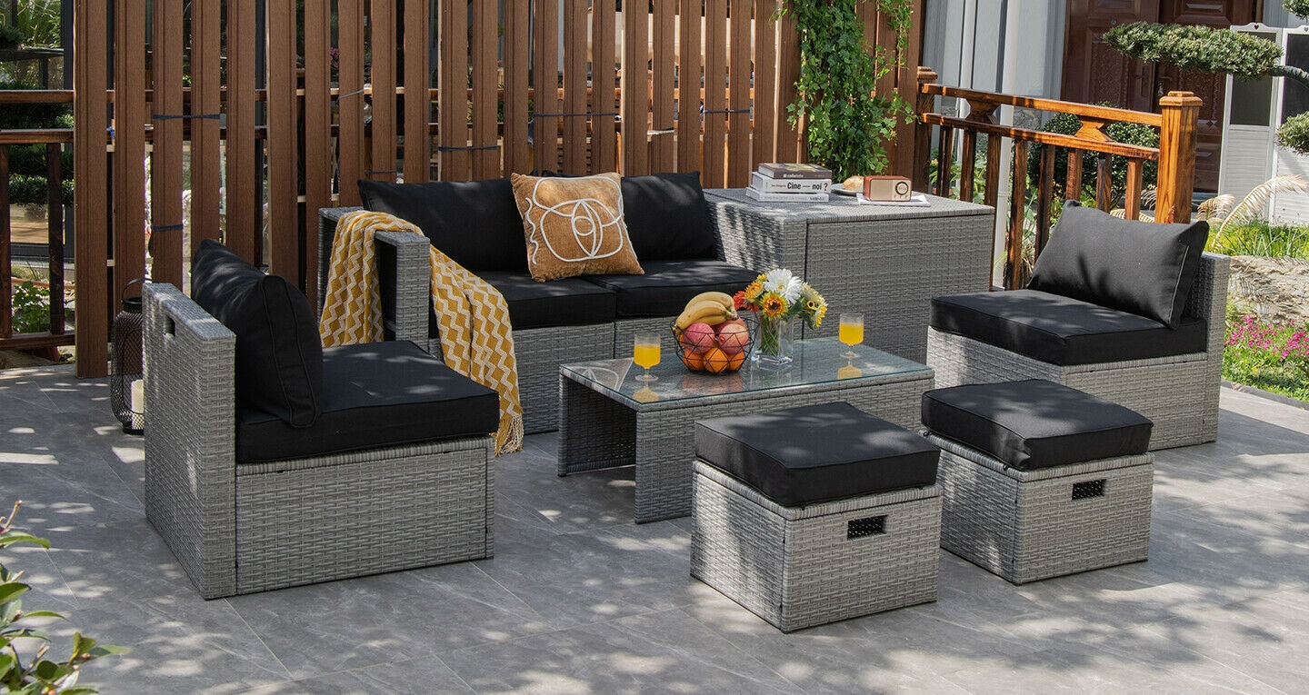 8 Pieces Patio Rattan Furniture Set with Storage Waterproof Cover and Cushion