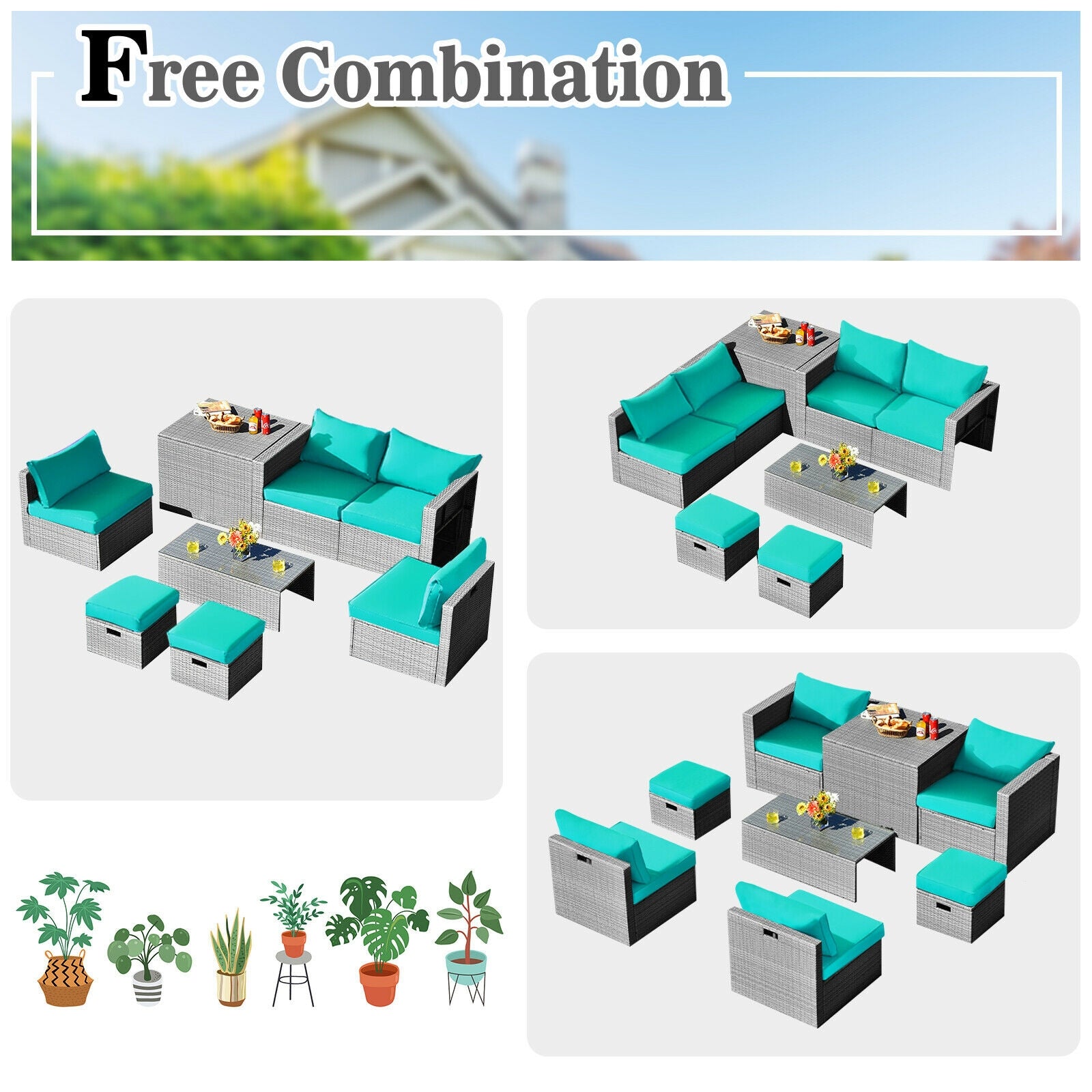8 Pieces Patio Rattan Furniture Set with Storage Waterproof Cover and Cushion