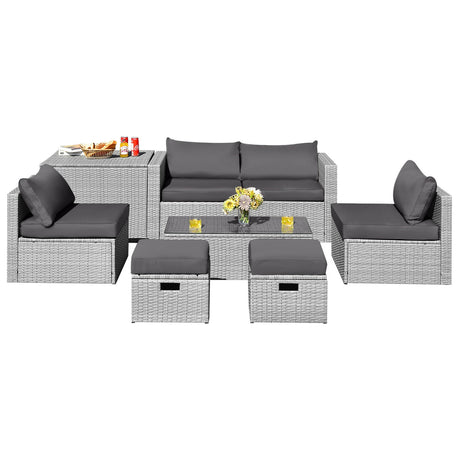 8 Pieces Patio Rattan Furniture Set with Storage Waterproof Cover and Cushion