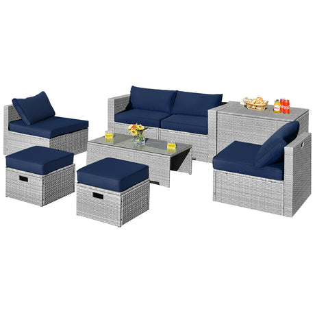 8 Pieces Patio Rattan Furniture Set with Storage Waterproof Cover and Cushion