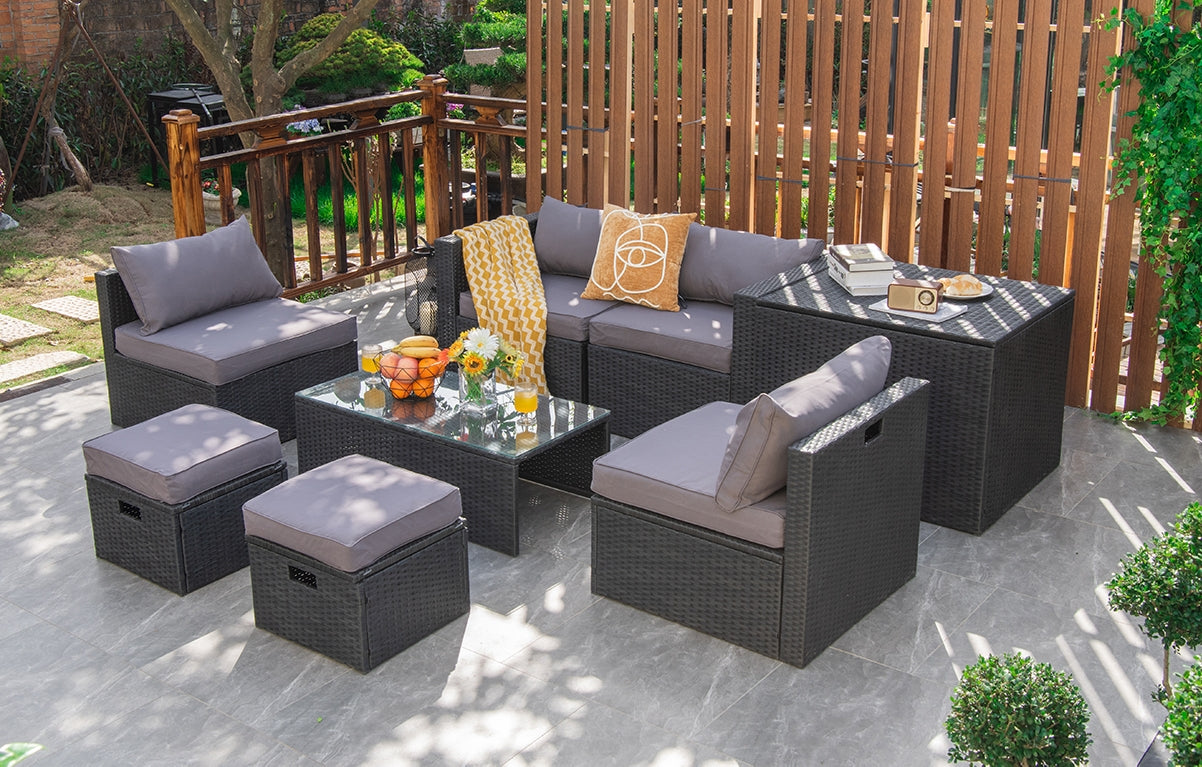 8 Pieces Patio Rattan Storage Table Furniture Set