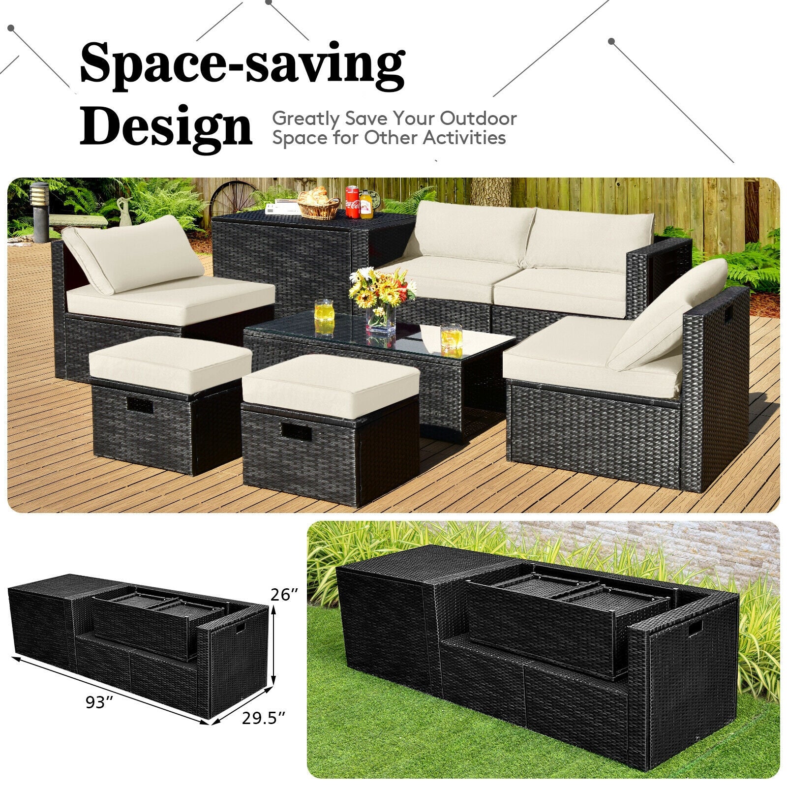8 Pieces Patio Rattan Storage Table Furniture Set
