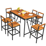 7 Pieces Acacia Wood Patio Rattan Bar Set with Umbrella Hole