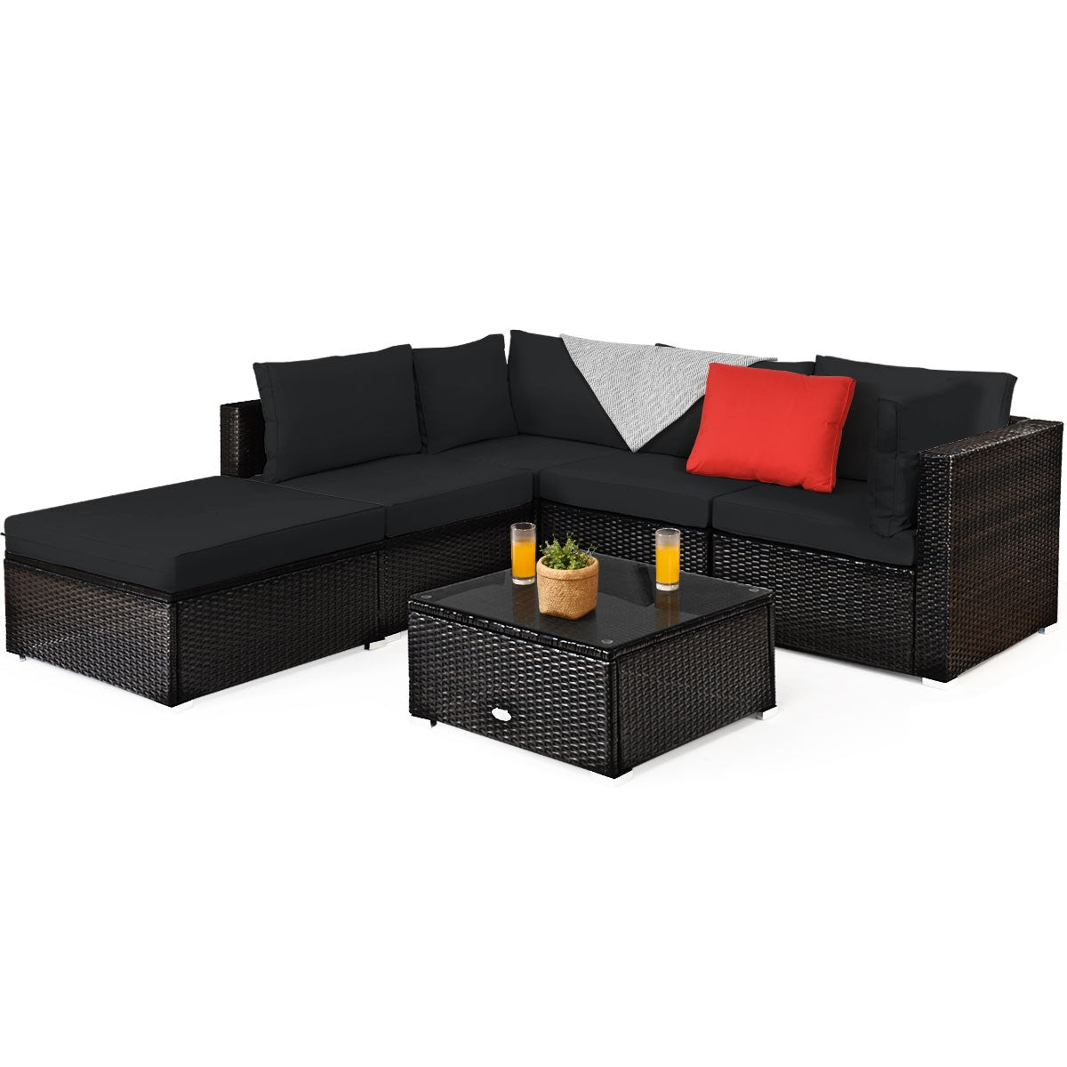 6 Pieces Outdoor Patio Rattan Furniture Set Sofa Ottoman