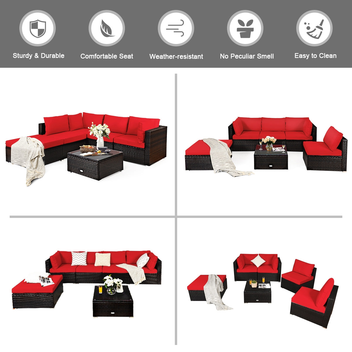 6 Pieces Outdoor Patio Rattan Furniture Set Sofa Ottoman