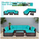 6 Pieces Patio Rattan Furniture Set with Cushions and Glass Coffee Table