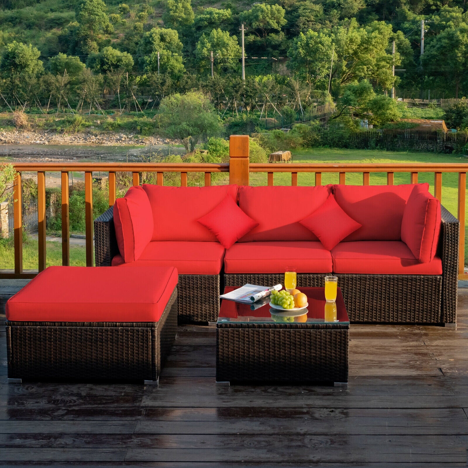5 Pcs Outdoor Patio Rattan Furniture Set Sectional Conversation with Cushions