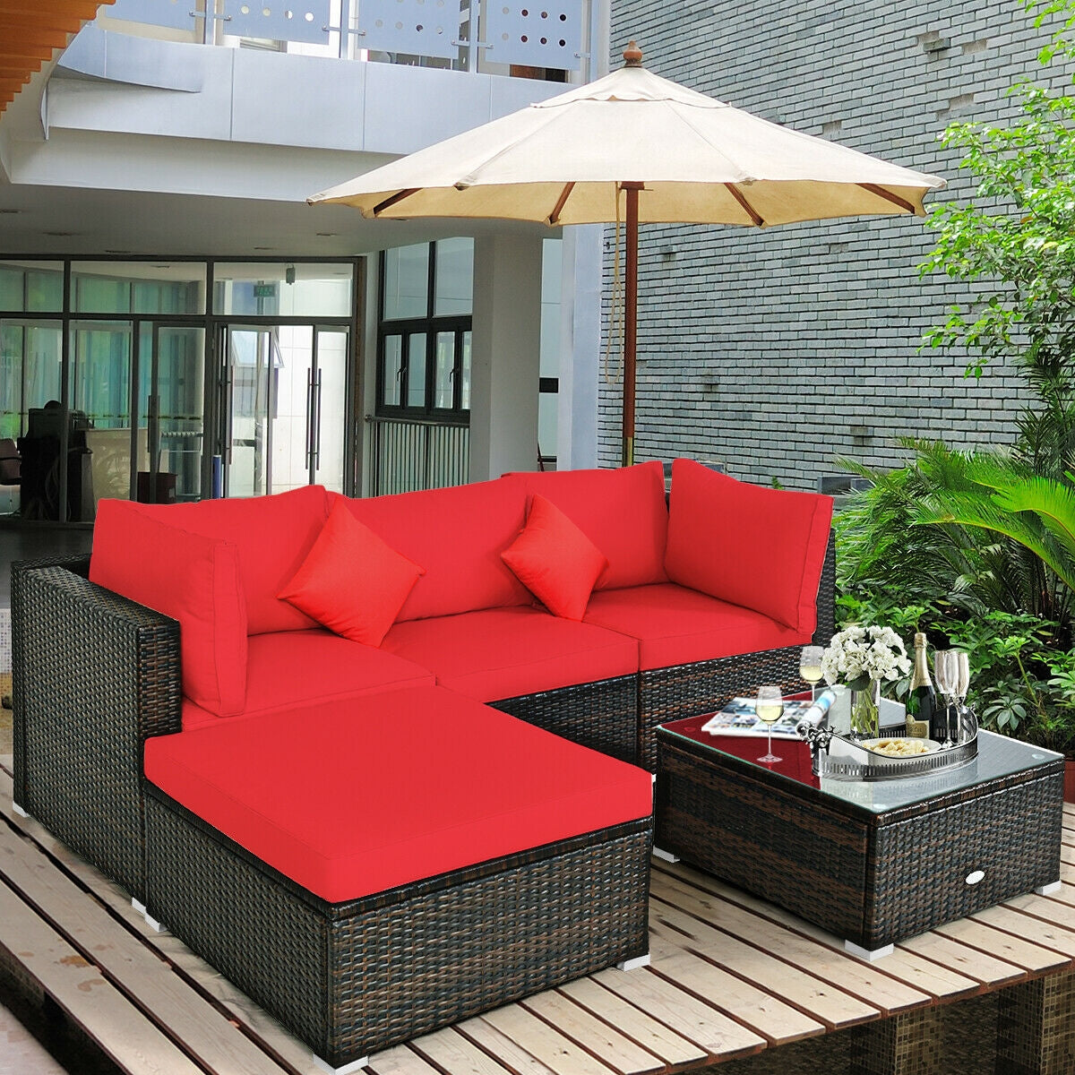 5 Pcs Outdoor Patio Rattan Furniture Set Sectional Conversation with Cushions