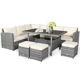 7 Pieces Patio Rattan Dining Furniture Sectional Sofa Set with Wicker Ottoman